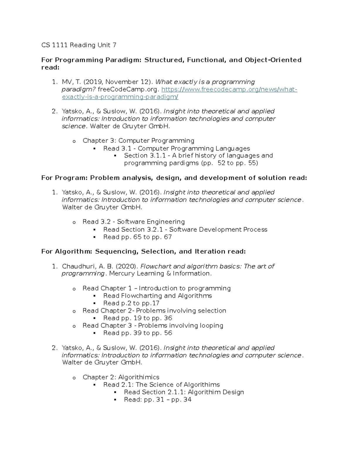 CS 1111-01 Unit 7 Study Notes on Programming Paradigms and Types - Studocu