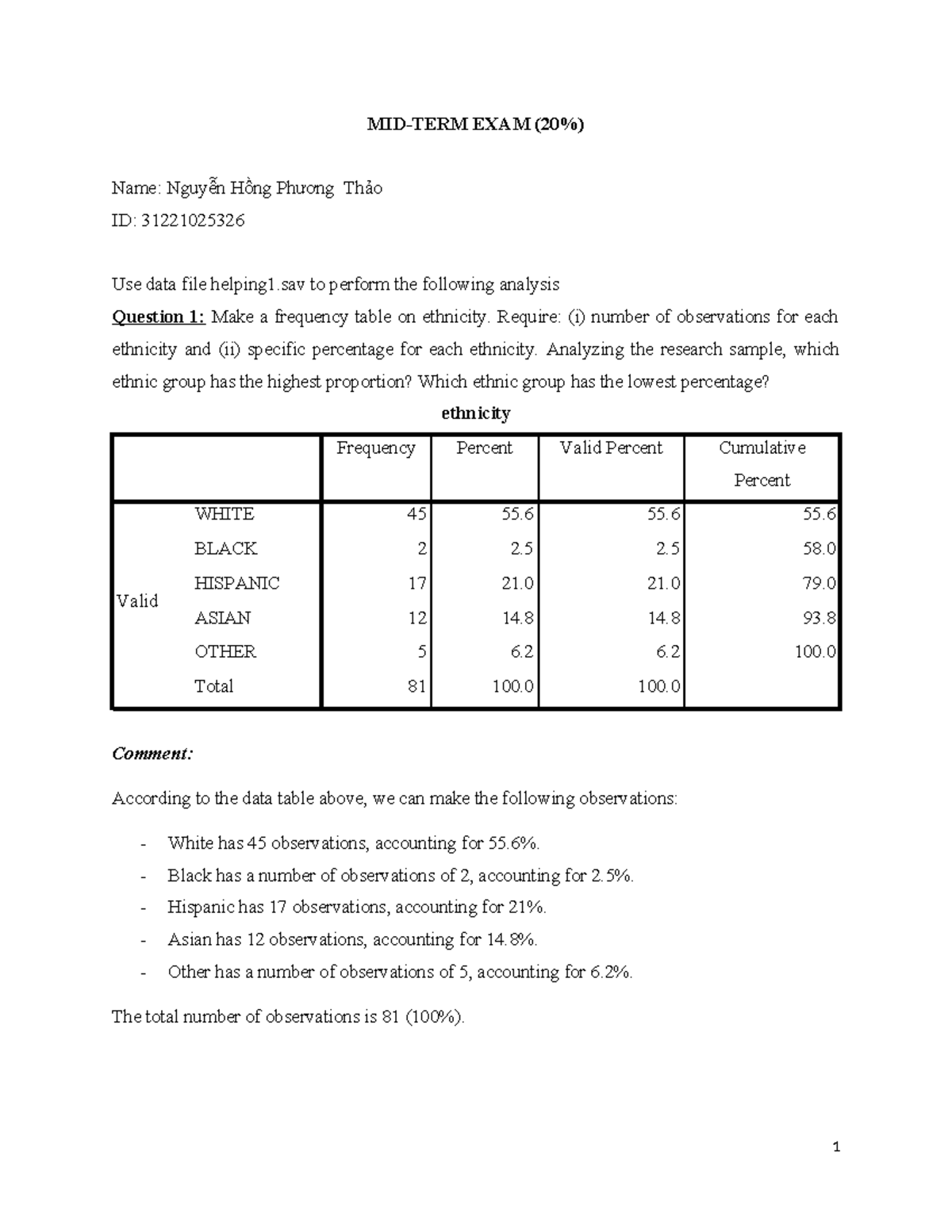 Mid-Term Exam Analysis (20%) for Course 103 - Ethnicity & Gender Study ...