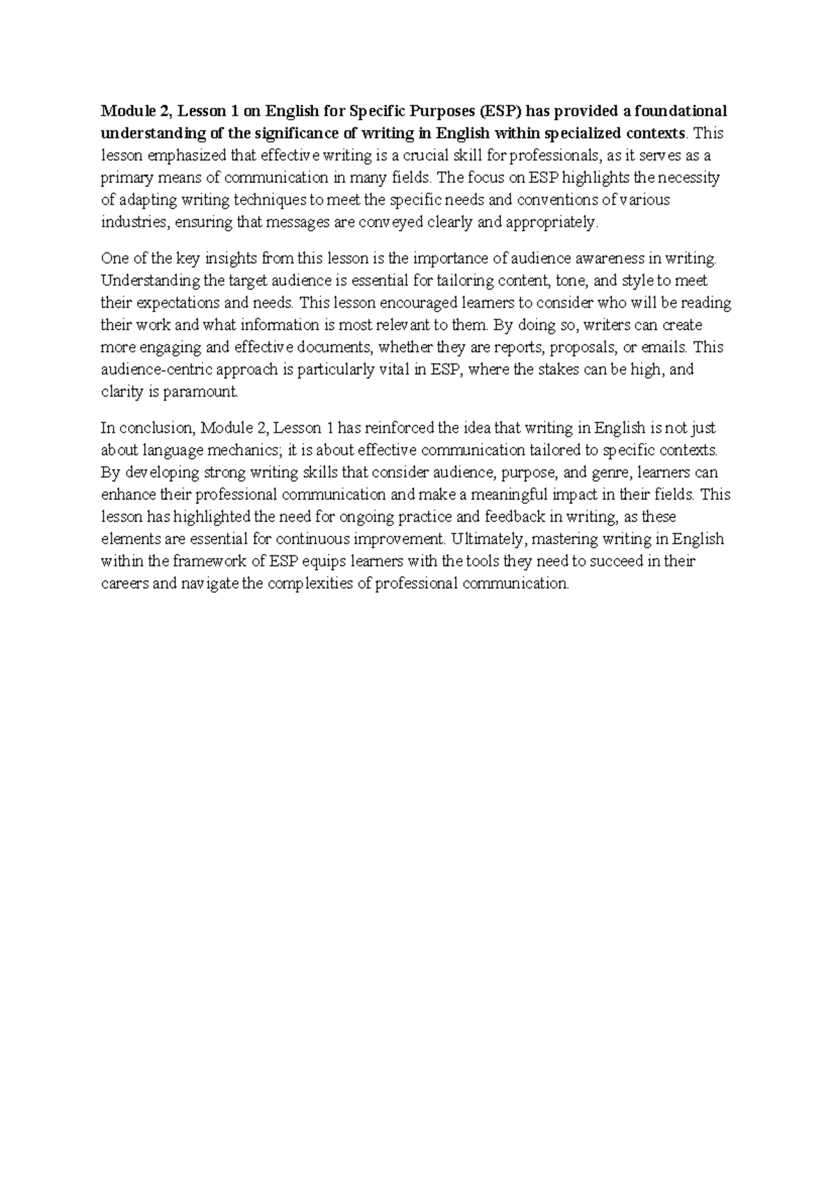 Module 2 - Reflection on Writing Skills in English for Specific ...
