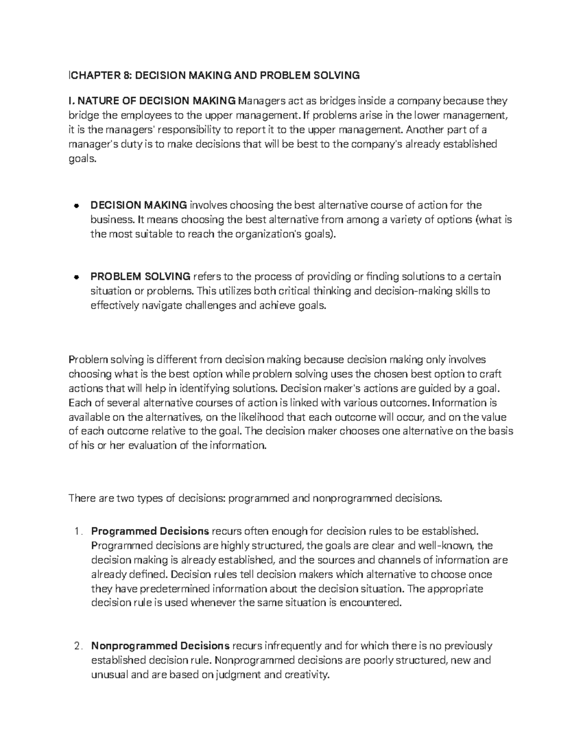 BME 12: Chapter 8 - Decision Making and Problem Solving Insights - Studocu