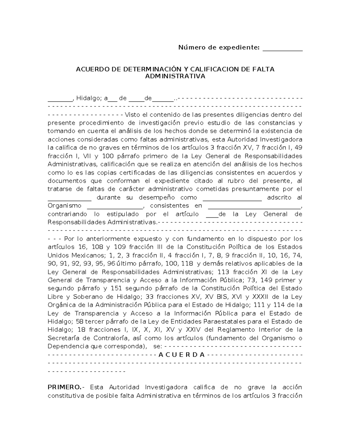 Calificación de Falta Administrativa: Acuerdo y Determinación - Document Preview