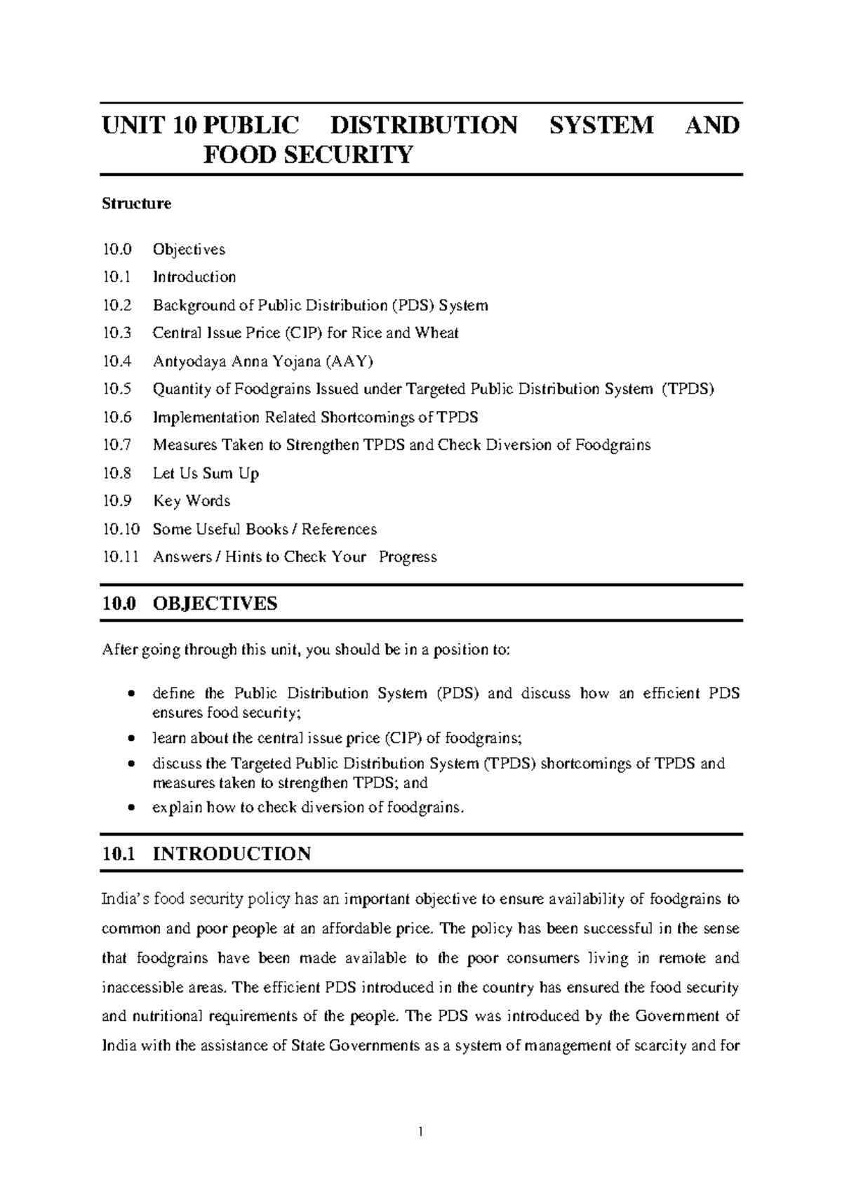 Unit 10 - Public Distribution System (PDS) and Food Security Overview ...