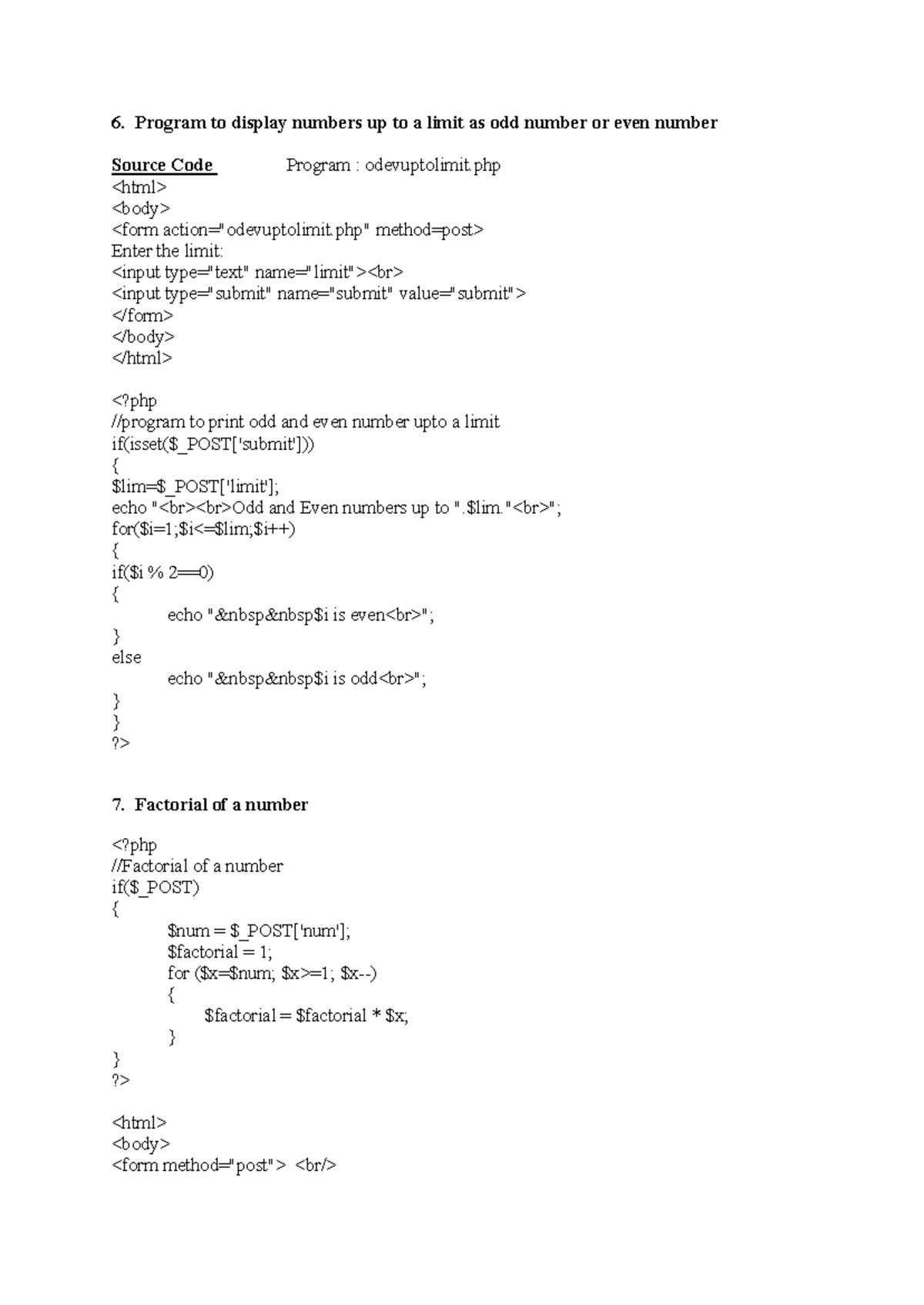 BCA,BSC PHP Lab2 - Program to display numbers up to a limit as odd ...