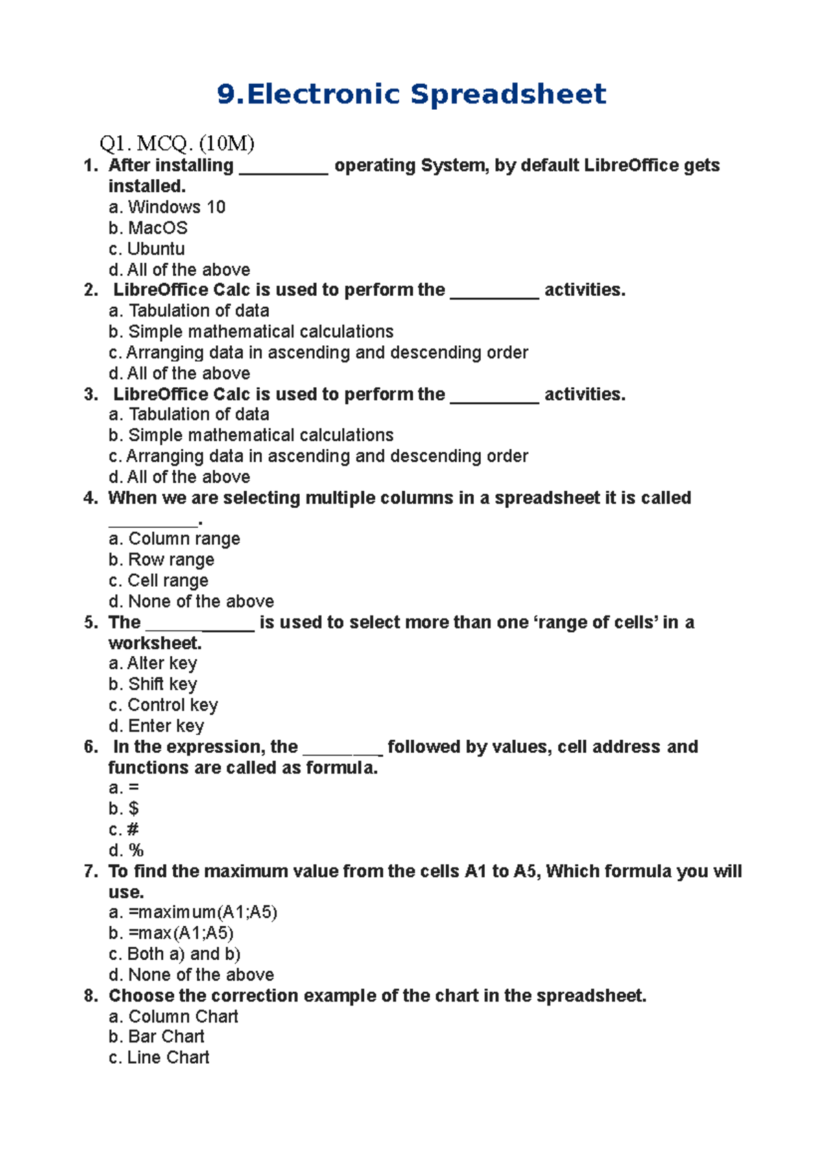 9. Quiz on Electronic Spreadsheet Concepts and Functions - Studocu