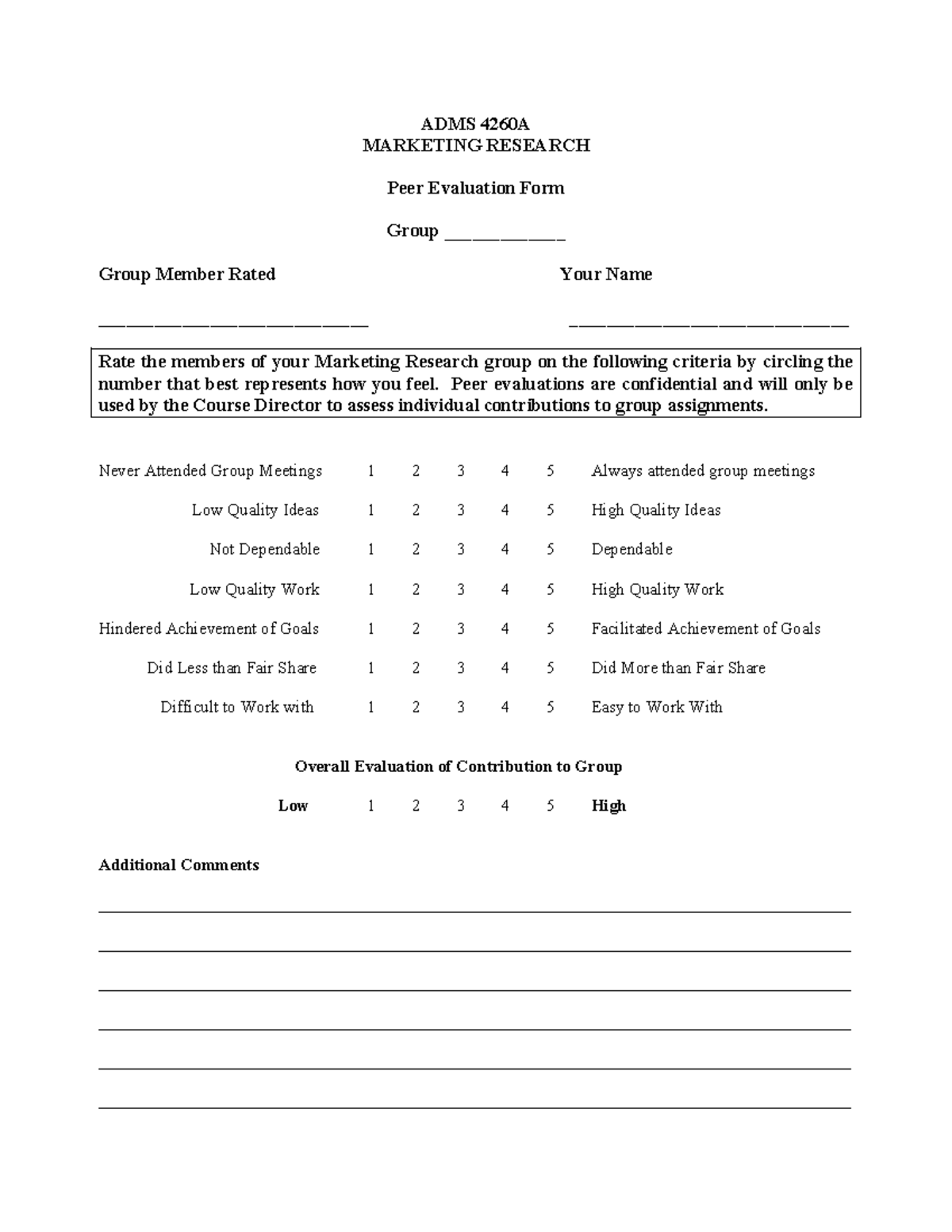 ADMS 4260A Marketing Research Group Peer Evaluation Form - Studocu