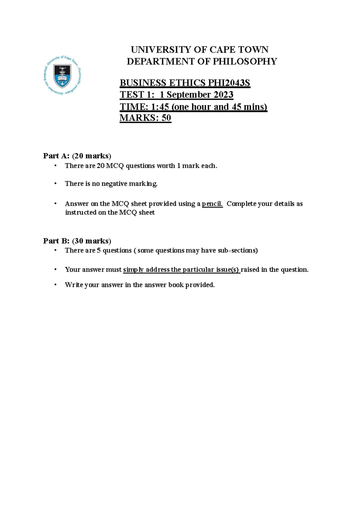 PHI2043S 2025 Course Outline: Business Ethics Overview - Studocu