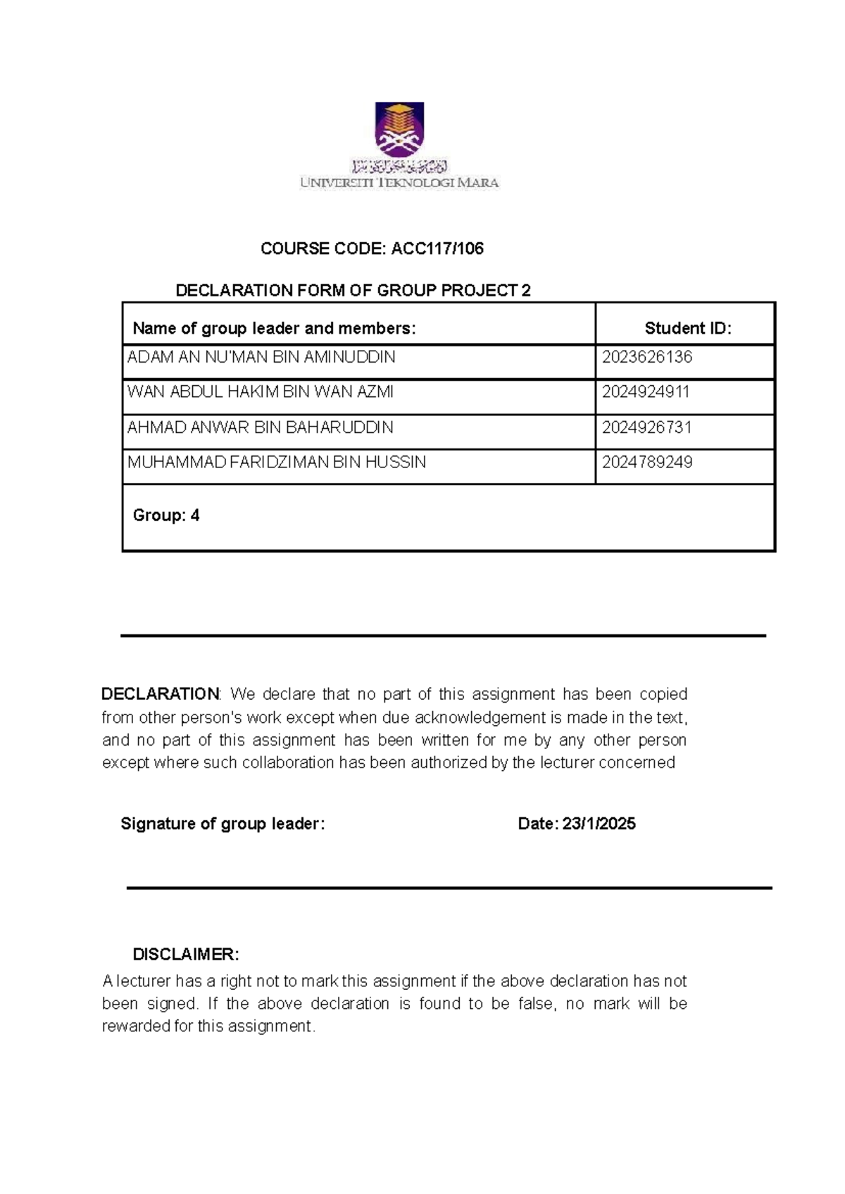 Group Project 2 ACC 117(group 4) - COURSE CODE: ACC117/ DECLARATION ...