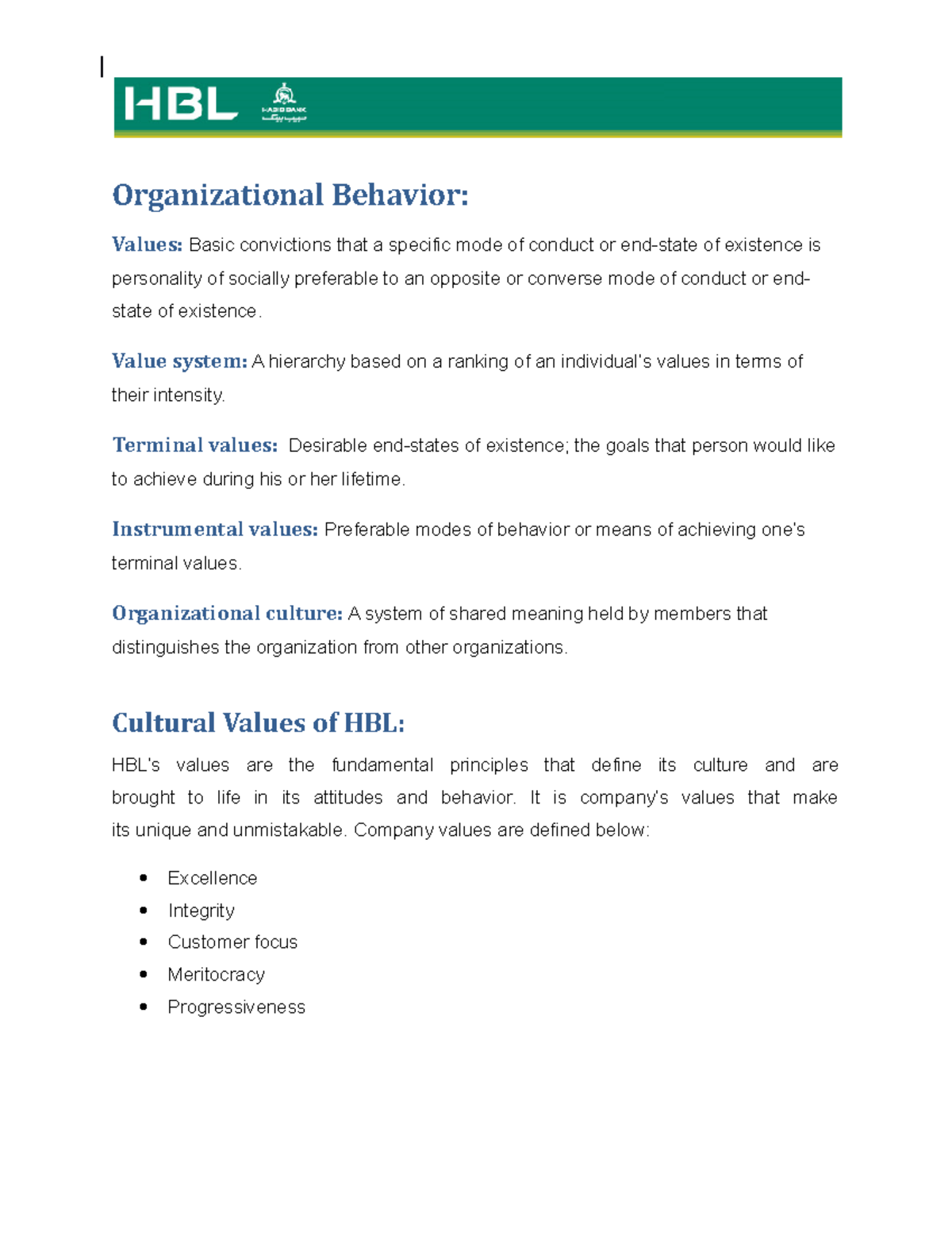 MBA 3rd Year Assignment: Behavioral & Value System of HBL Culture - Studocu
