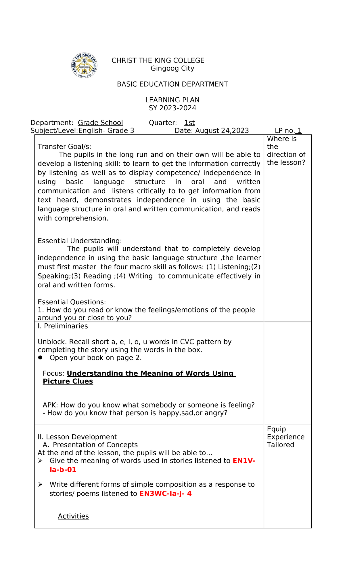 English 3 LP 1: Final Learning Plan for 1st Quarter 2023-2024 - Studocu