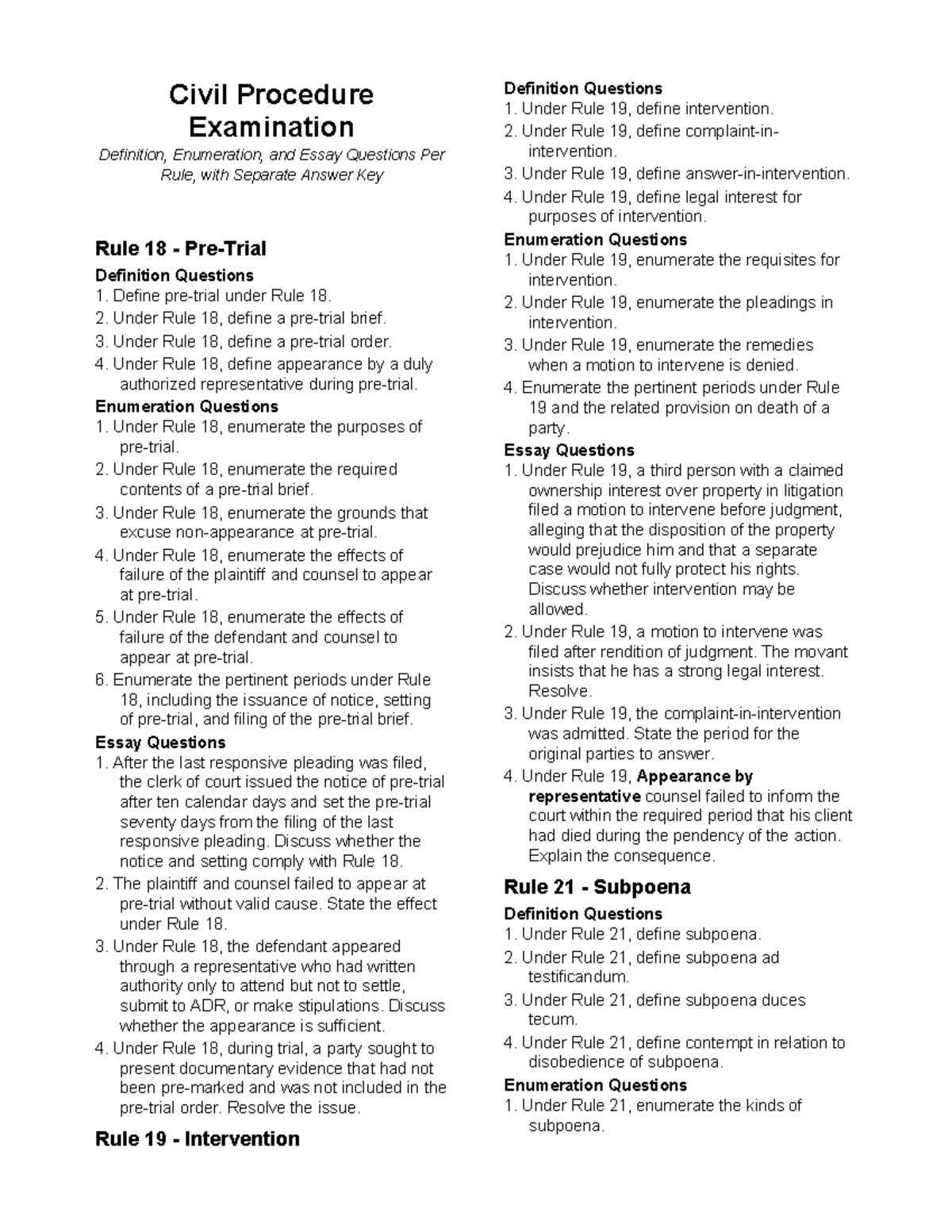 Civil Procedure 101: Complete Exam & Answer Key with Rule Numbers - Studocu