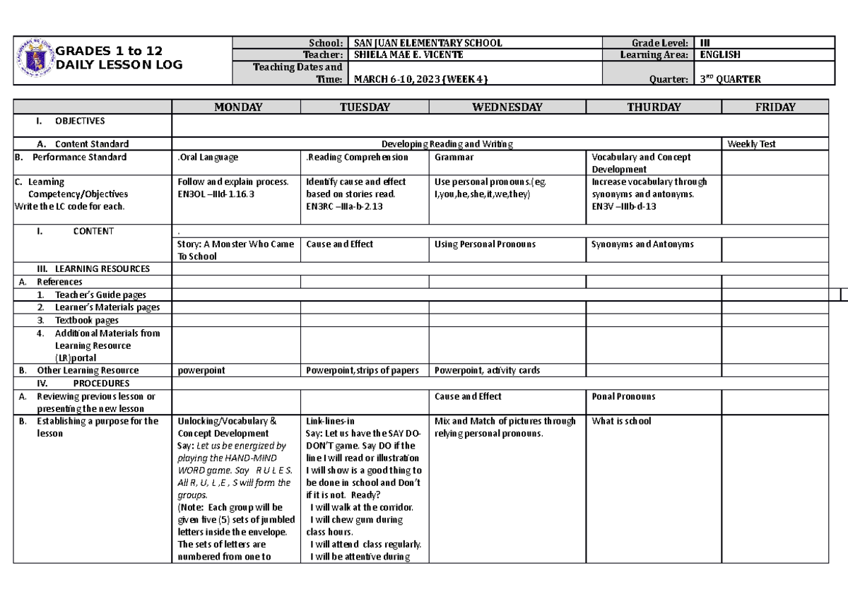 DLL English 3 Q3 W4 - I NEED THIS - GRADES 1 to 12 DAILY LESSON LOG ...