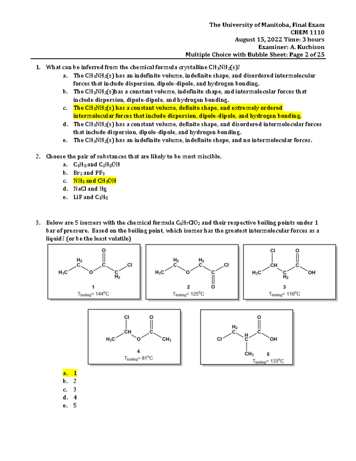 CHEM1110 Practice Exam Key-A - CHEM 1110 August 15, 2022 Time: 3 hours ...
