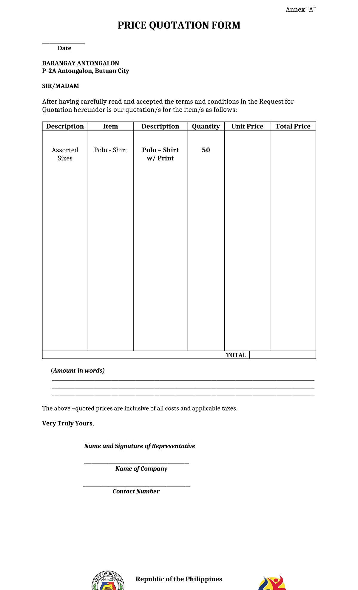 Price Quotation Form for Barangay Antongalon Project - Studocu