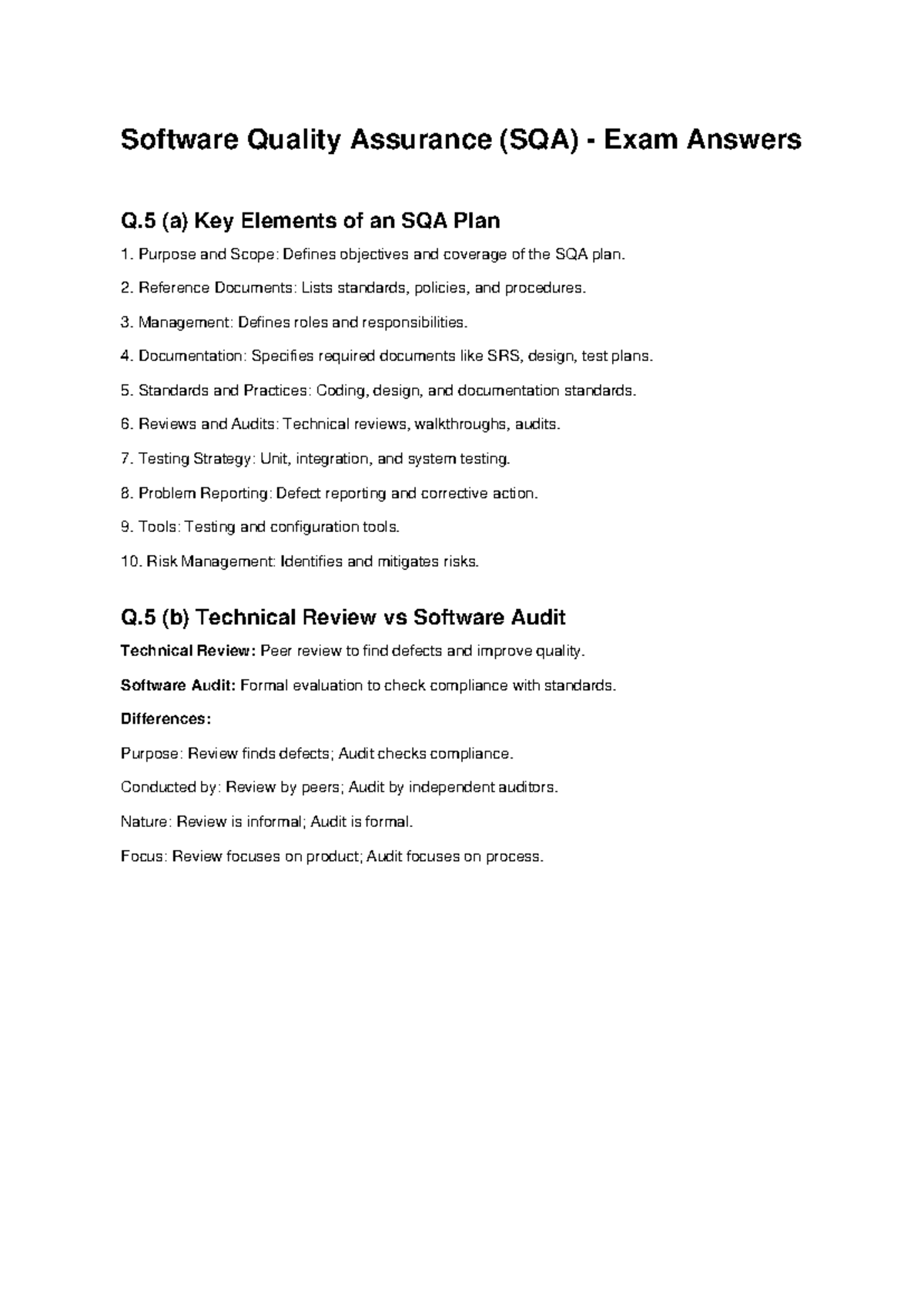 SQA Final Exam Answers: Key Elements of an SQA Plan - Studocu