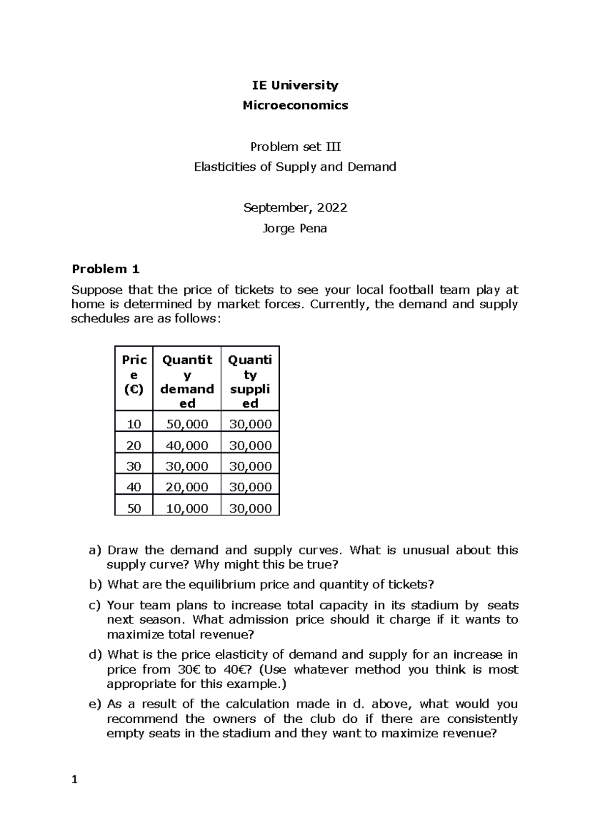 Microeconomics Problem Set III (Final Exam) - Elasticities Focus - Studocu