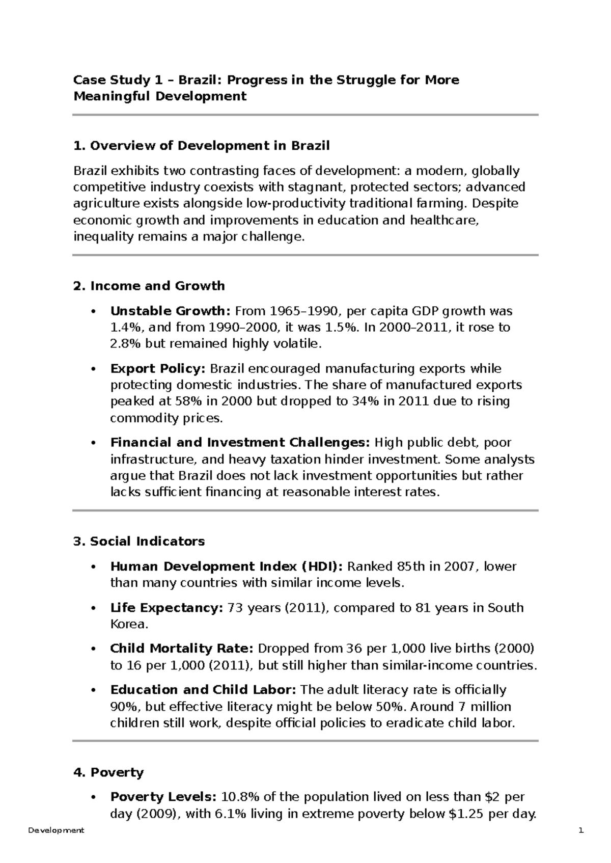 Case Study 1: Brazil's Development Challenges and Progress in Economics ...