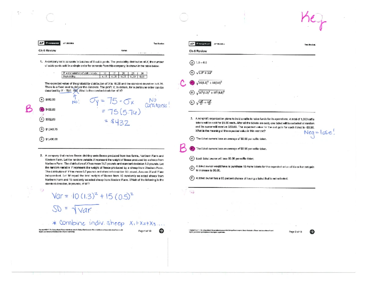 AP Statistics I Unit 04 Probability Random Variables Review Key - Studocu
