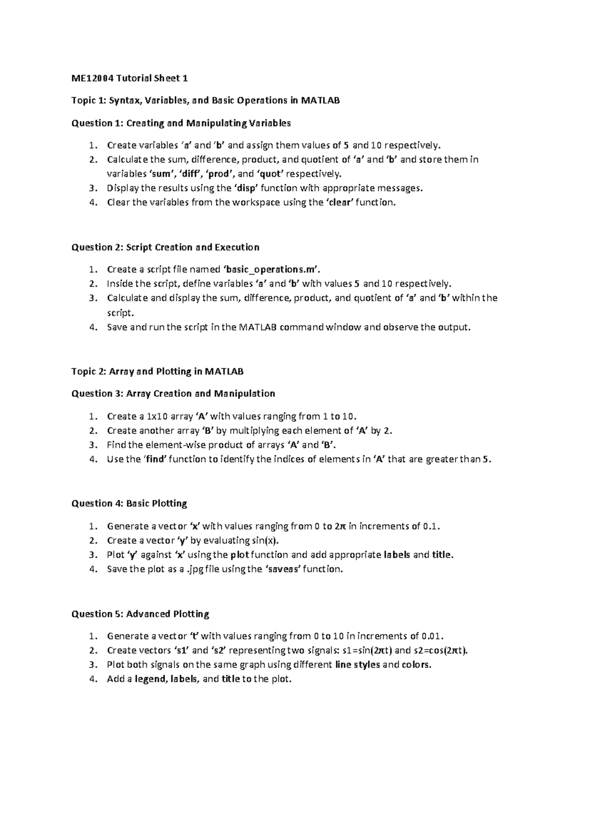 ME12004 Tutorial Sheet 1: MATLAB Syntax, Variables, and Plotting - Studocu