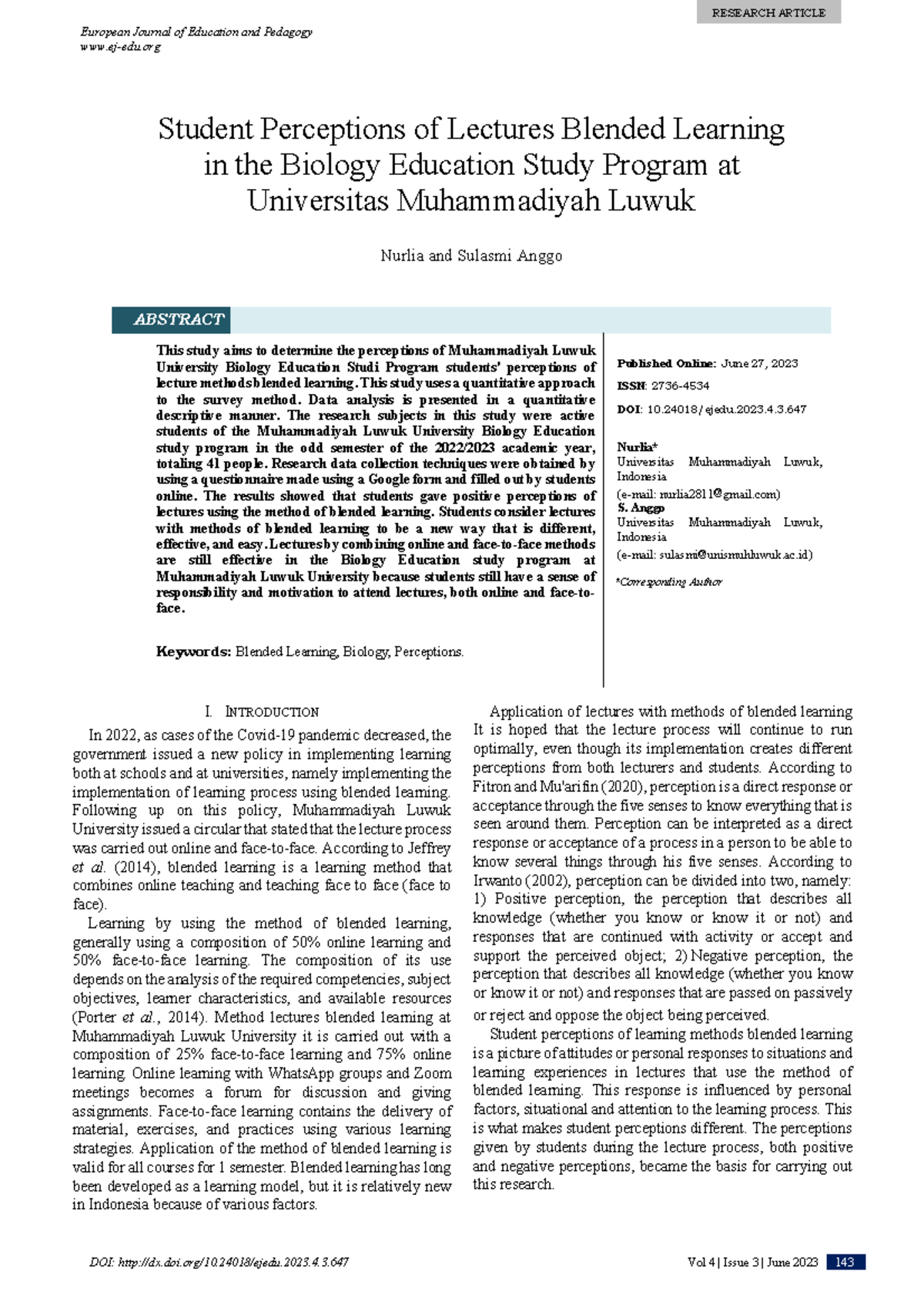 Student Perceptions of Lectures Blended Learning i - European Journal ...