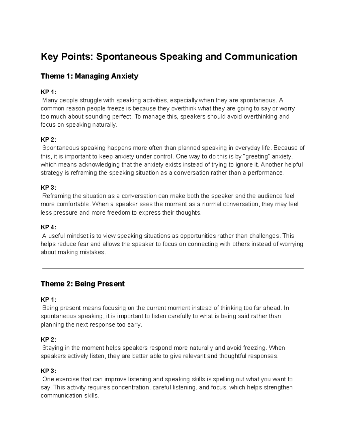 Key Points: Spontaneous Speaking & Communication Techniques - Studocu