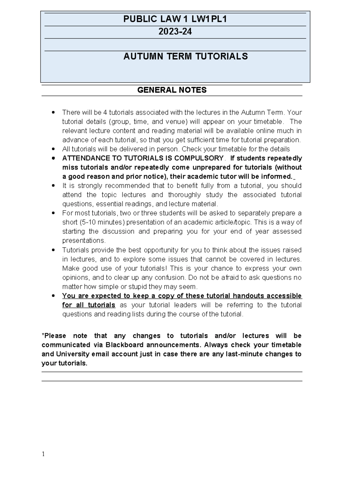 Spring Term 2023-24 Public Law 1 Tutorial Handouts - Studocu