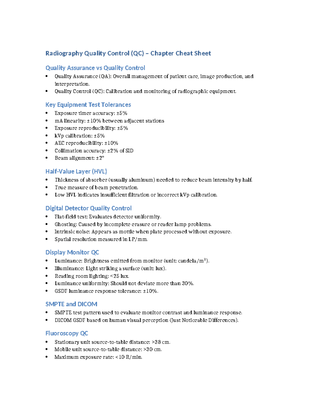 Radiography QC Chapter Cheat Sheet: QA vs QC Overview - Studocu