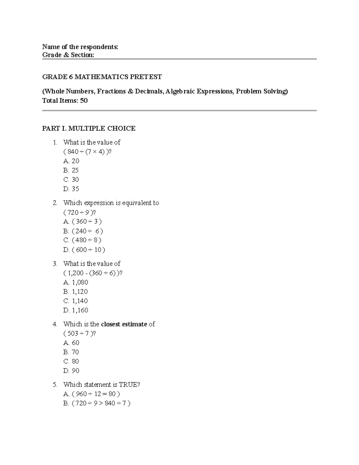 GRADE 6 MATHEMATICS PRETEST: Whole Numbers, Fractions, Decimals ...
