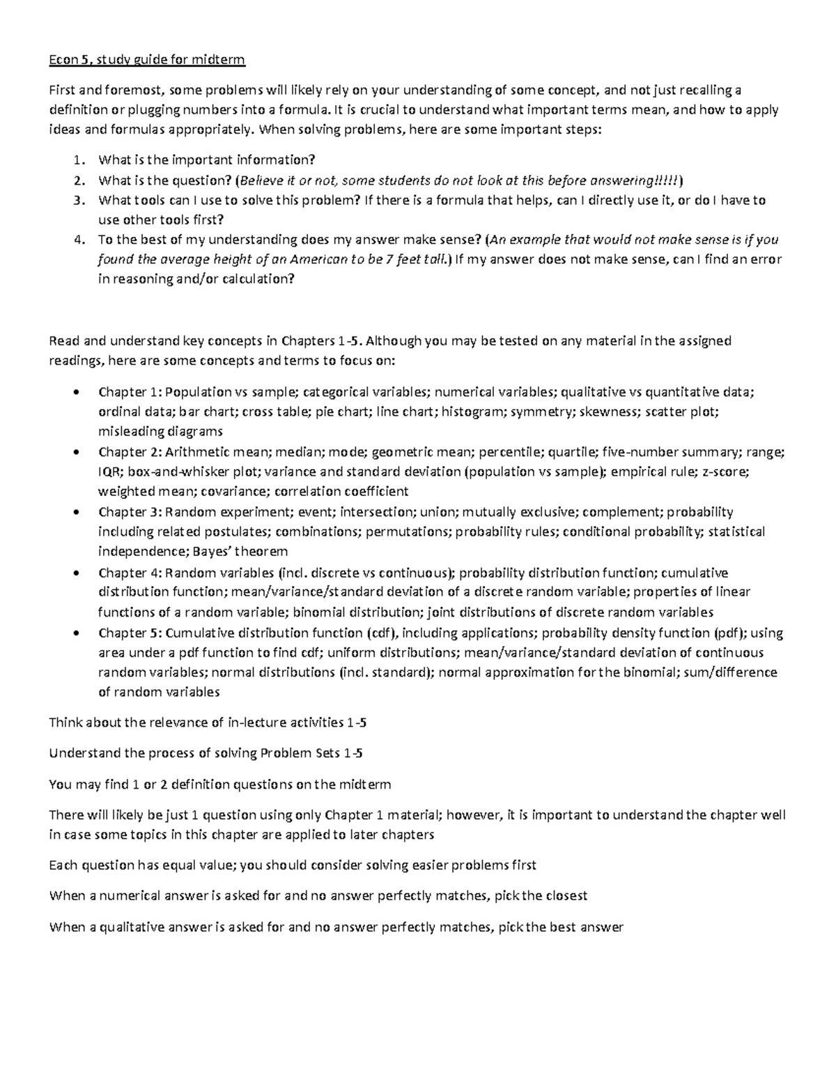 Midterm Study Guide: Key Concepts for Econ 5 Exam Preparation - Studocu