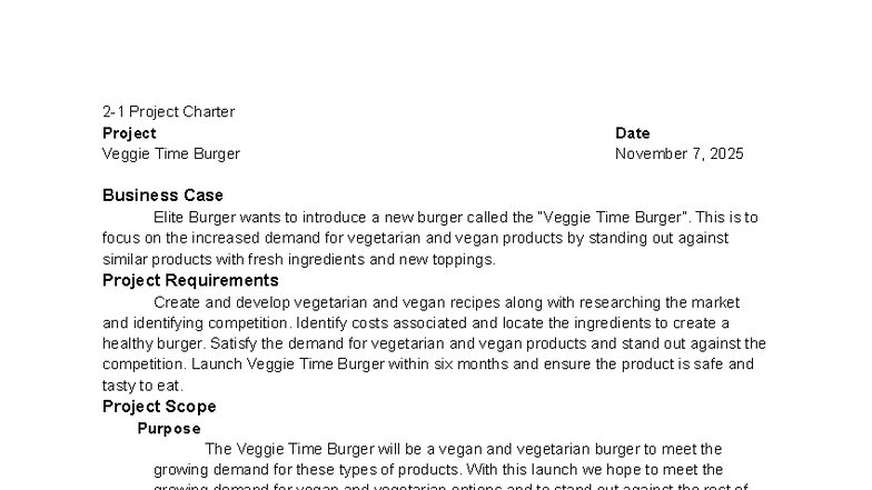 QSO 340 Module 2-1: Project Charter for Veggie Time Burger Launch - Studocu