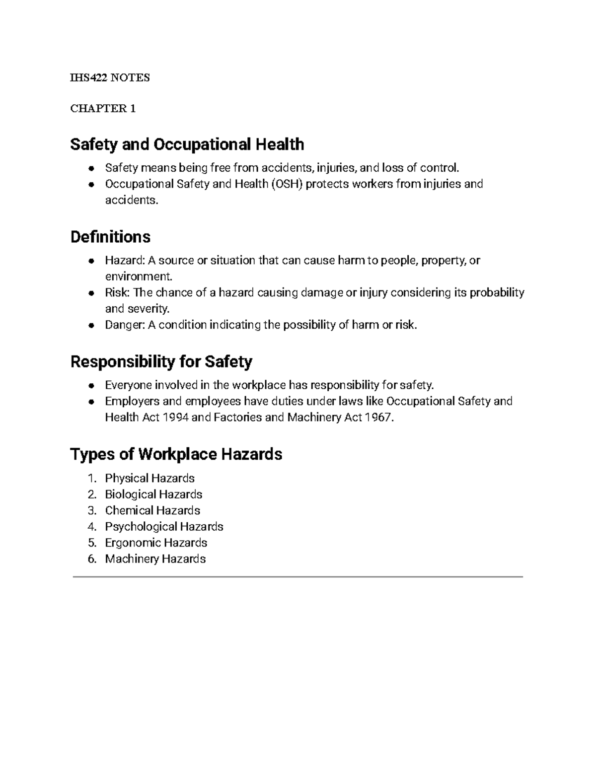 IHS422 Final Exam Notes: Safety & Occupational Health (Ch. 1-7) - Studocu