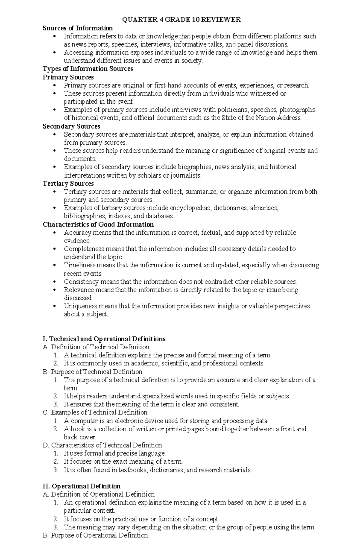 Grade 10 Q4 Reviewer: Understanding Sources of Information - Studocu
