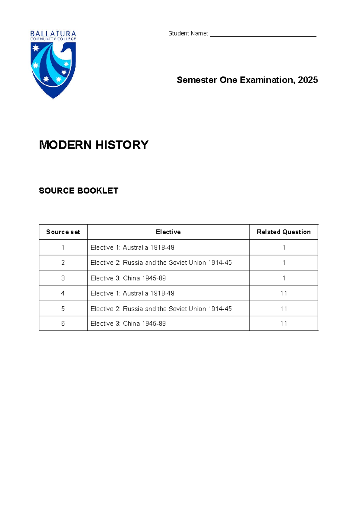 MODERN HISTORY S1 2025 Exam Source Booklet: Australia, Russia, China ...