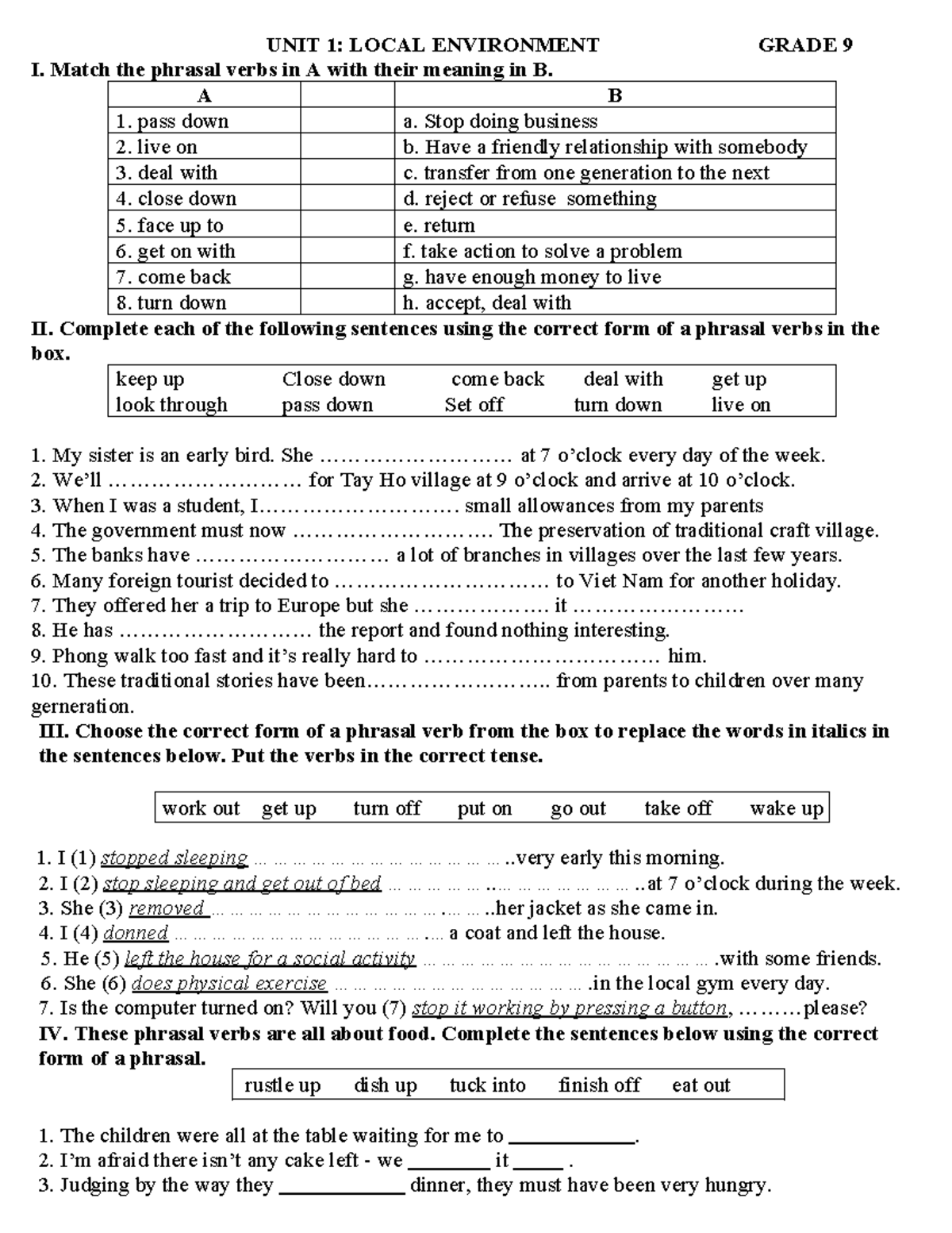 Grade 9 Unit 1: Local Environment Phrasal Verbs Exercises - Studocu