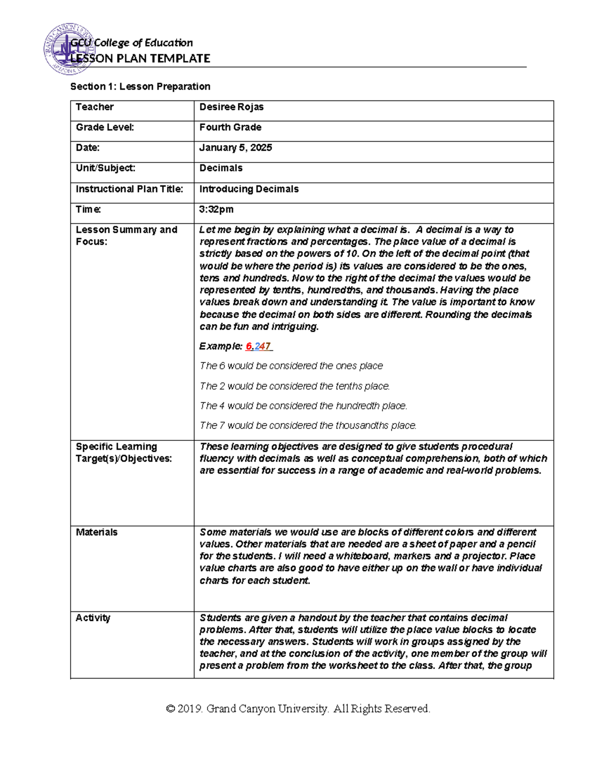Lesson Plan Topic 3 - GCU College of Education LESSON PLAN TEMPLATE ...
