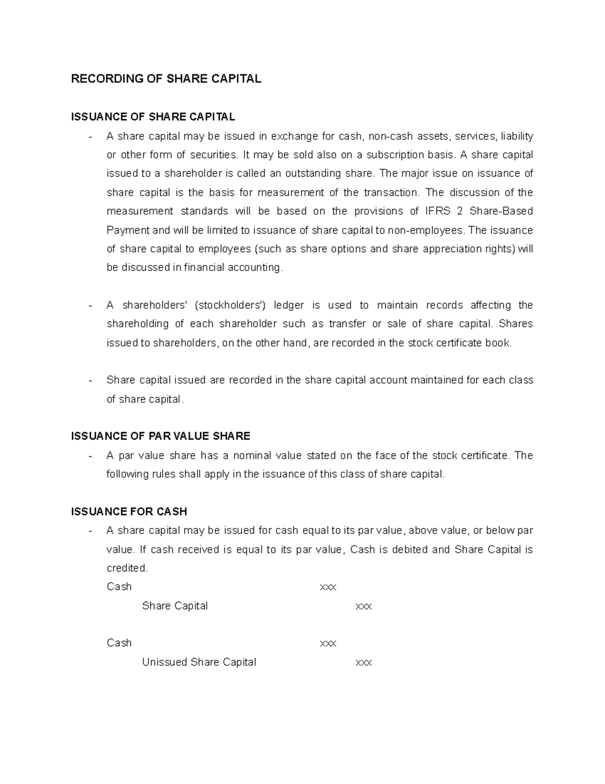Recording of share capital issuance and measurement standards - Studocu