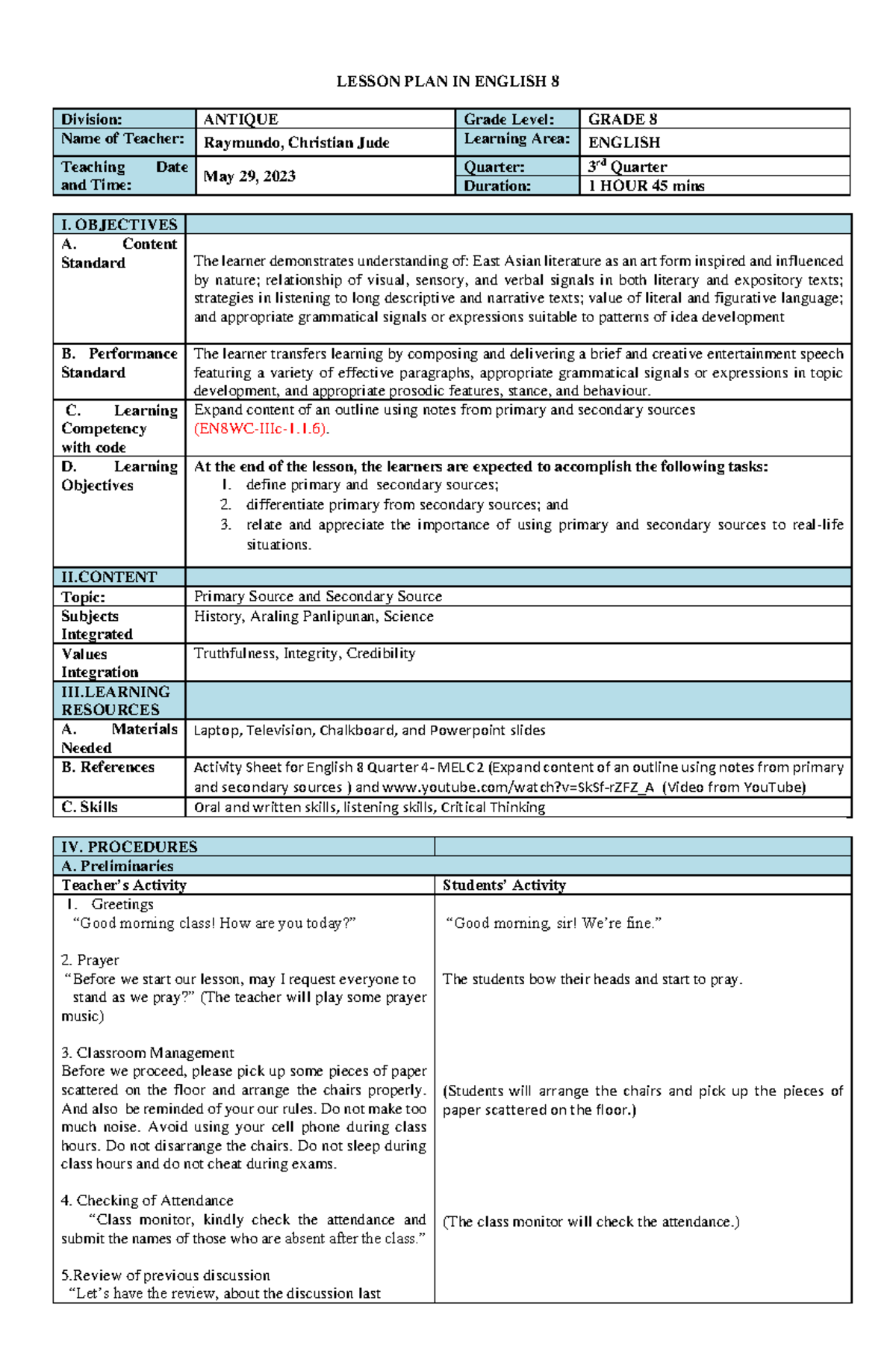 Final Lesson Plan for Demo: Grade 8 English (3rd Quarter) - Studocu