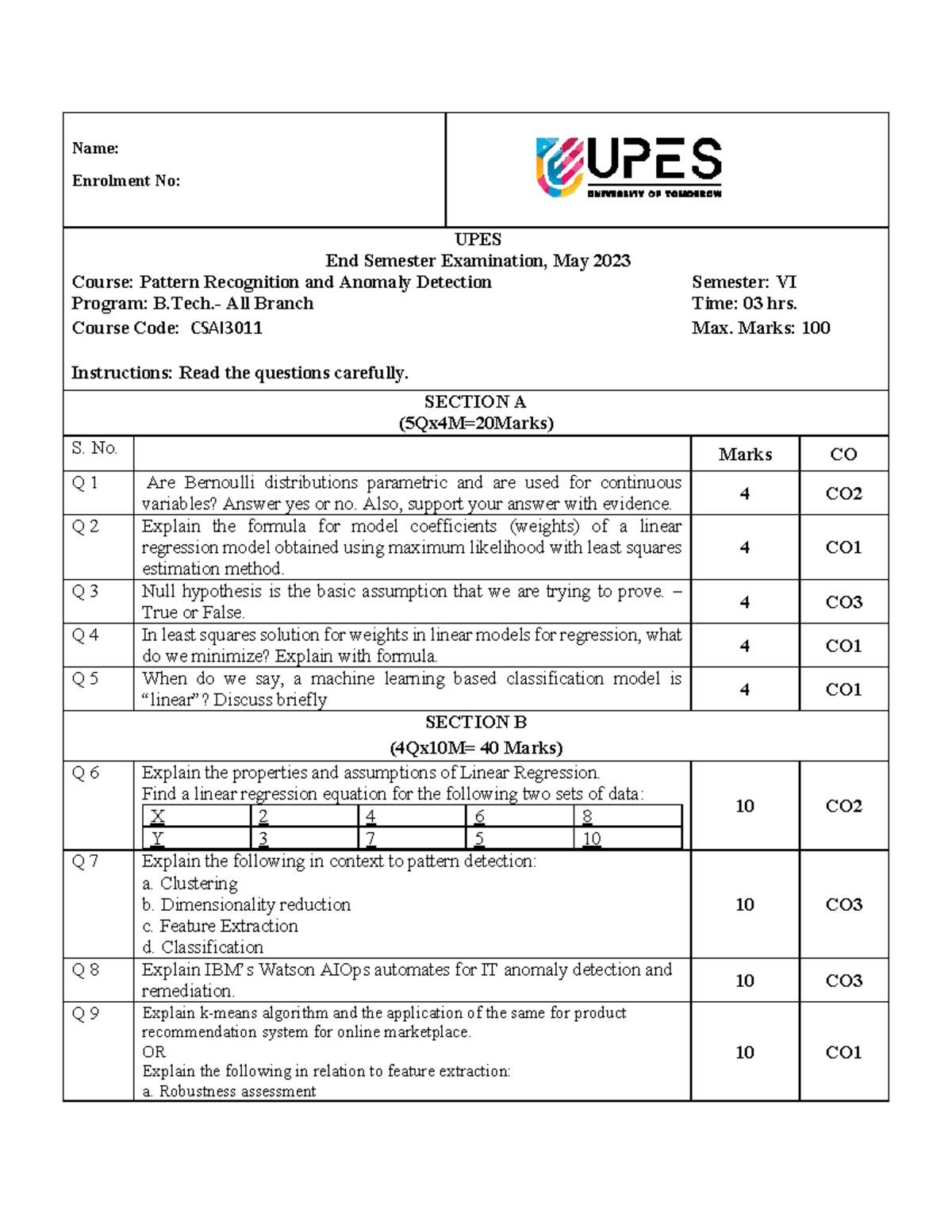 SET-01 SOCS ESE-MAY23 B.Tech (CSE-H+N.H) VI CSAI3011 Pattern ...
