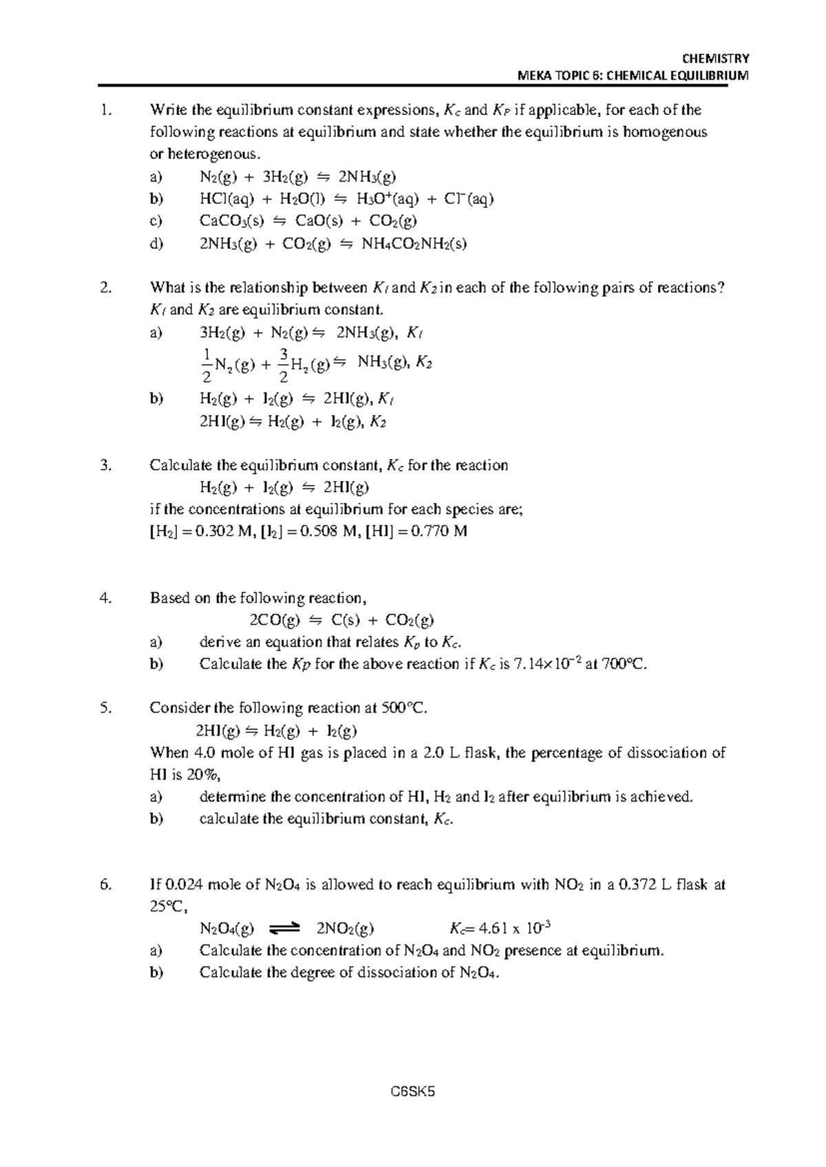 CHEMISTRY C6SK5: Chapter 6 - Chemical Equilibrium Notes - Studocu