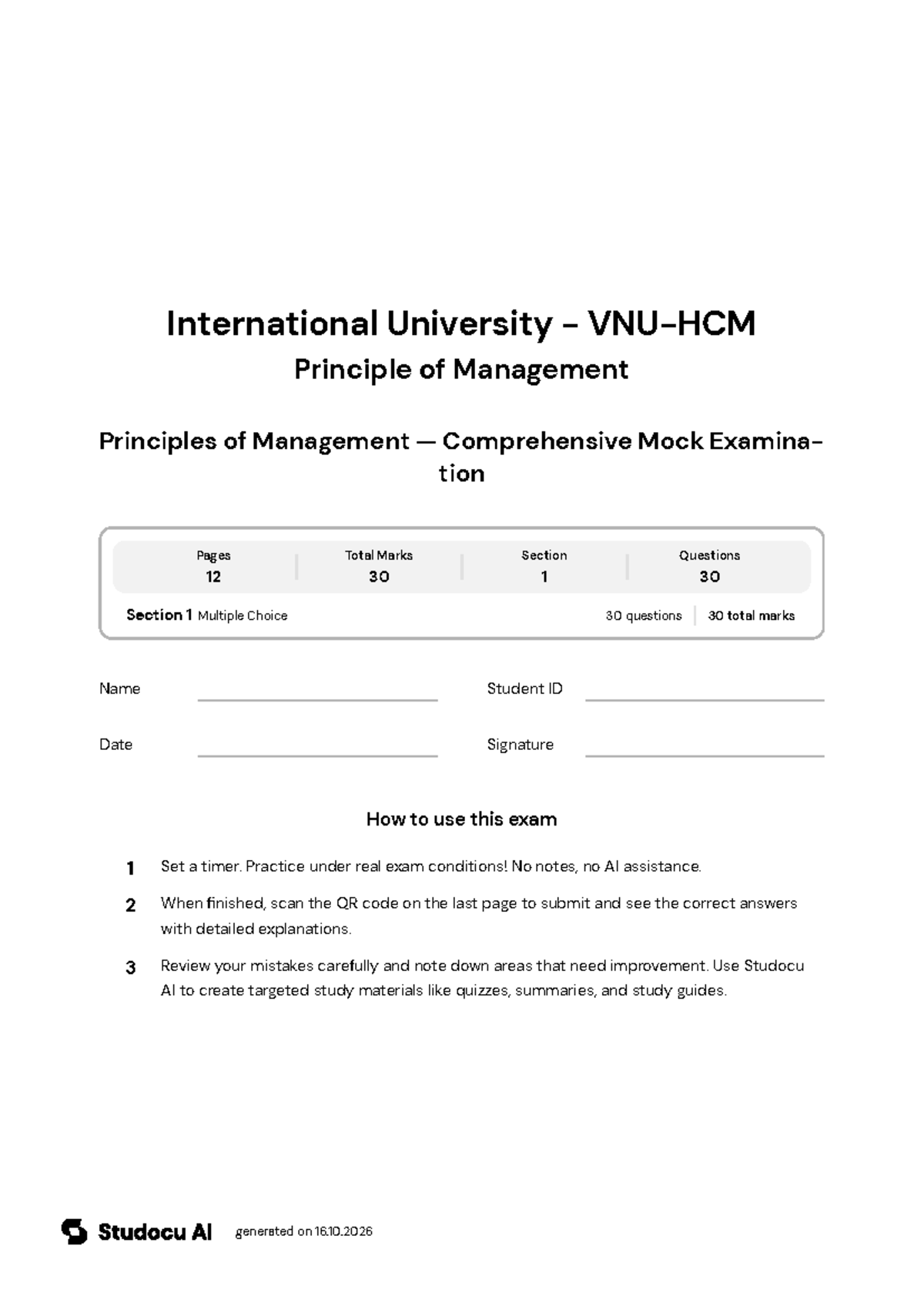 Principles of Management - Comprehensive Mock Exam - Studocu