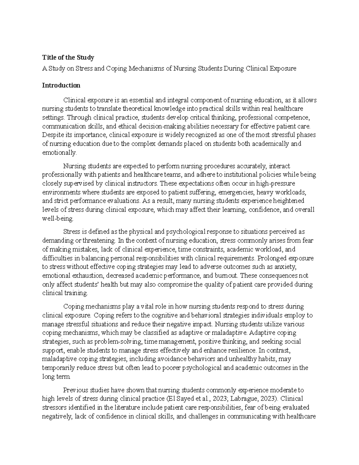 NUR 301: Stress & Coping Mechanisms of Nursing Students in Clinical ...
