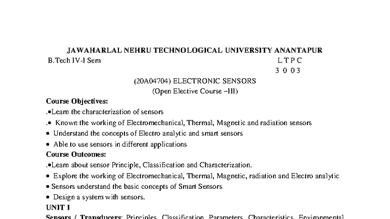 B.Tech 20A04704 Electronic Sensors Course Notes and Overview - Studocu