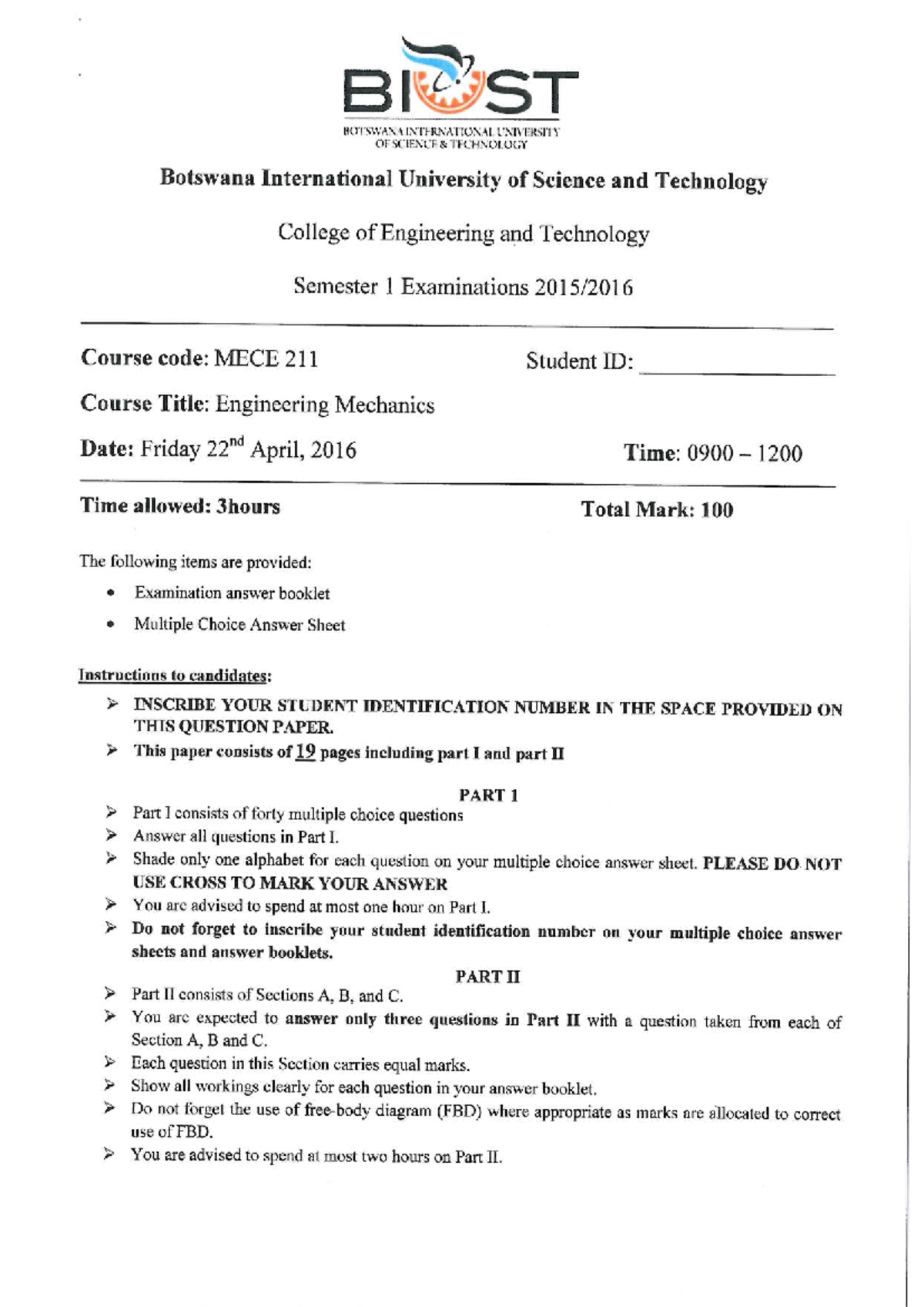 MECE 211 ENGINEERING MECHANICS FINAL EXAM 2016 - Test Paper - Studocu