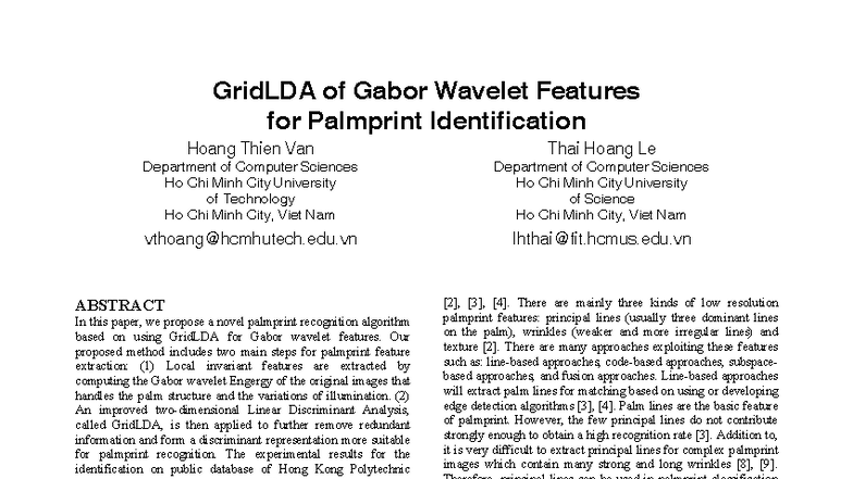 GridLDA for Gabor Wavelet Features in Palmprint Identification - Studocu