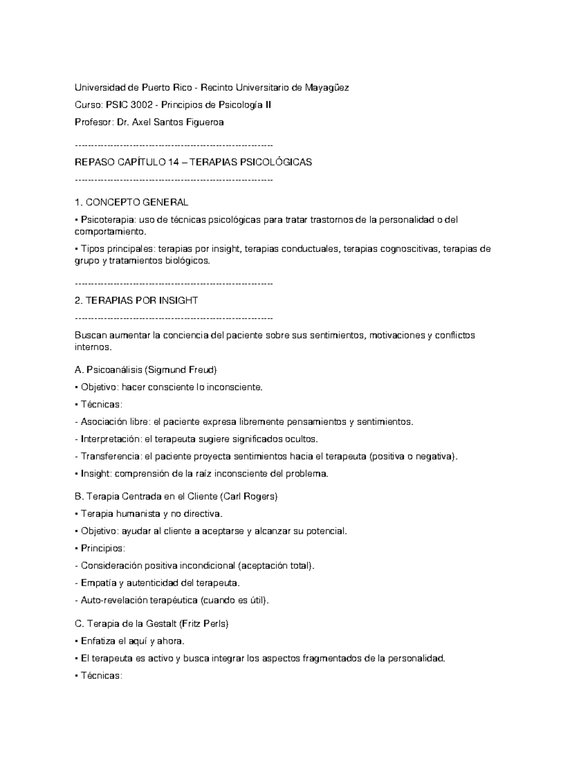 Repaso Capítulo 14: Terapias Psicológicas - PSIC 3002 - Studocu
