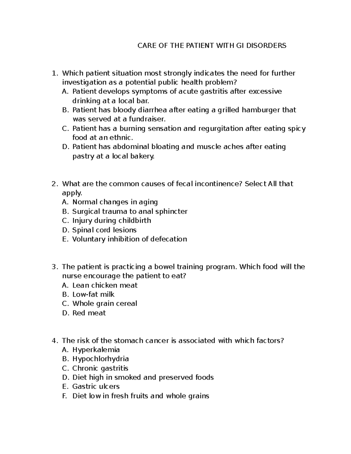GI Disorders Practice Questions - RN Program Study Notes - Studocu