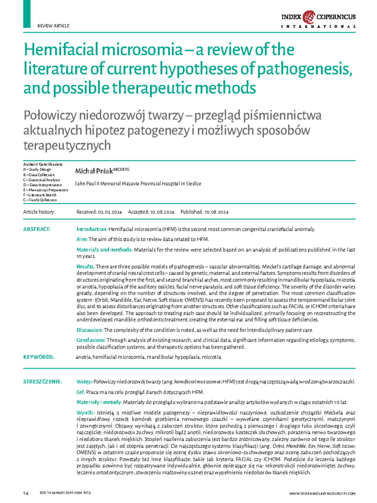 Review of Hemifacial Microsomia: Pathogenesis & Treatment Options (POL ...