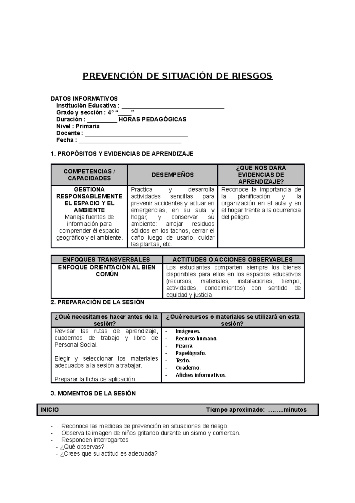 Sesión 4: Prevención de Situaciones de Riesgo - 4º Grado de Primaria - Document Preview