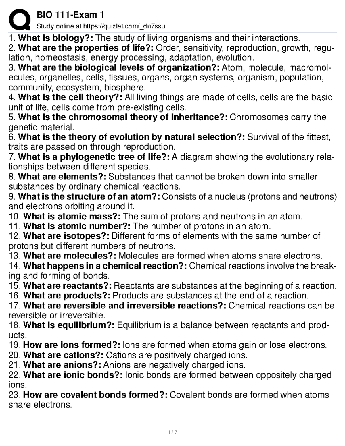 Biology 101 Exam 1 Study Guide: Key Concepts and Terms - Studocu