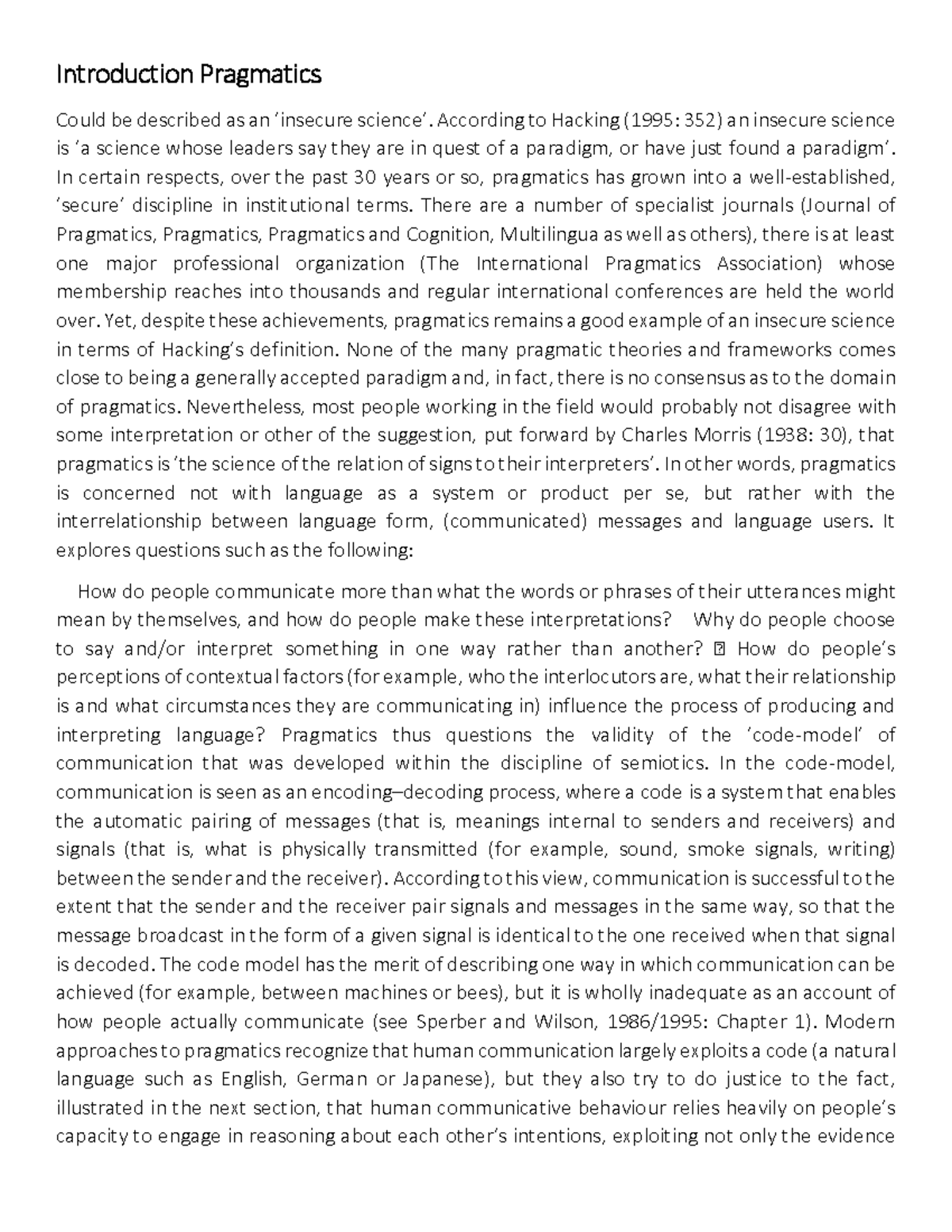Introduction to Pragmatics: Understanding Communication Dynamics - Studocu