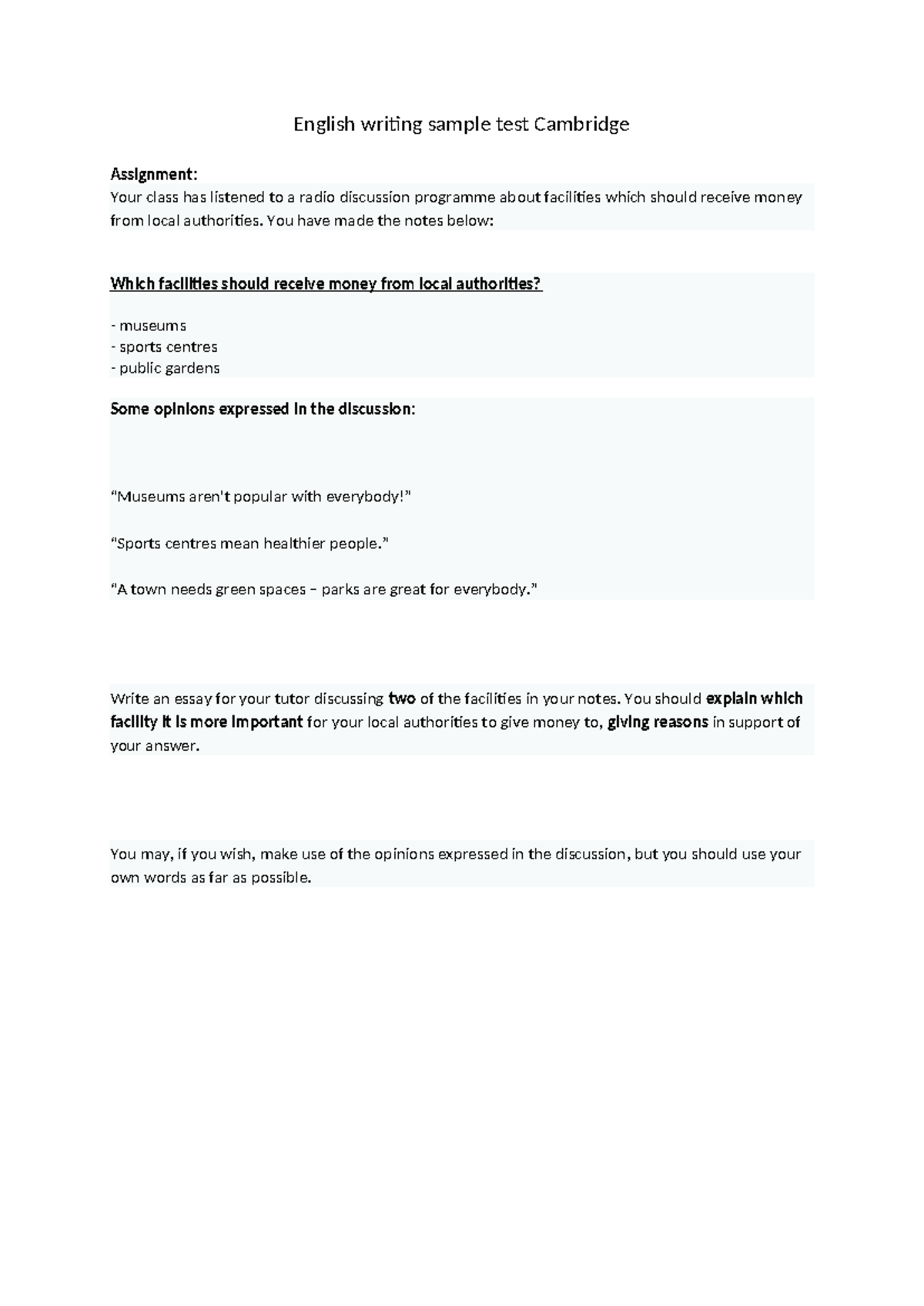 English Writing Sample Test: Cambridge Assignment Insights - Studocu